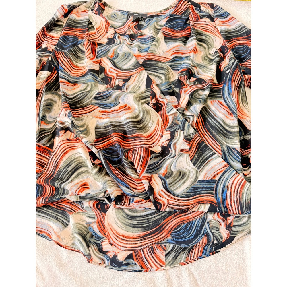 Halogen Abstract Marble Print Faux Wrap Blouse V-Neck Long Sleeve Multicolor S - Picture 3 of 9